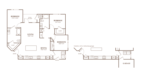 Floor plan for 3 beds, 2 baths, 1447 sqft